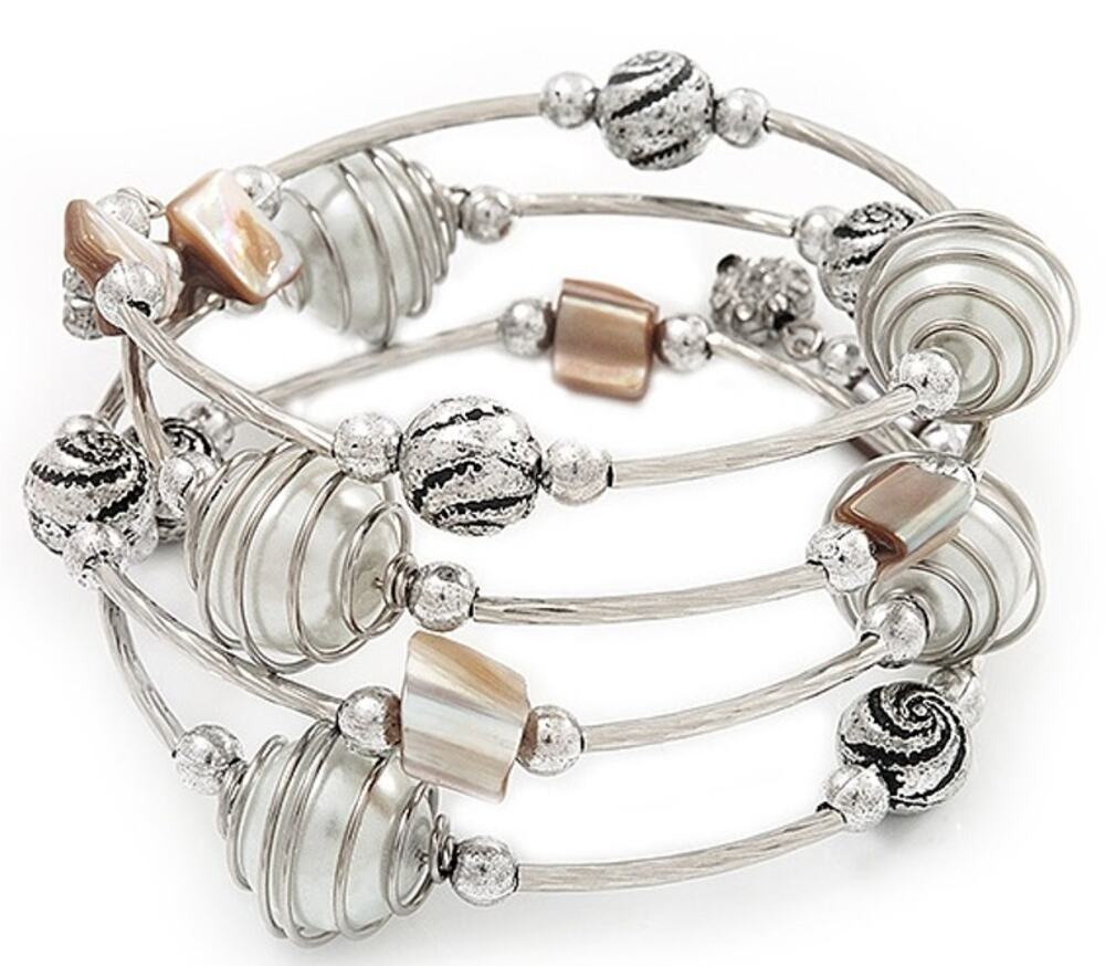 Silver-Toned Sea Shell Coiled Bracelet with Faux Pearls